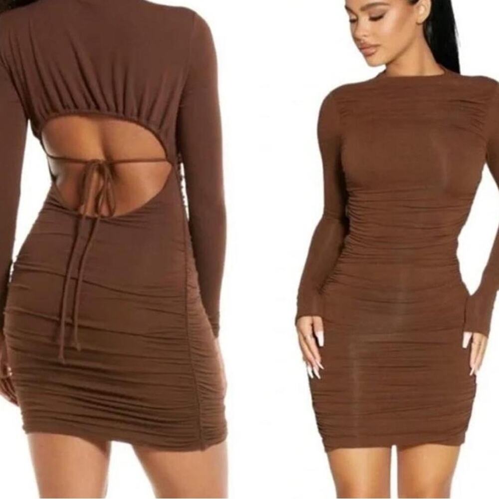 naked wardrobe Ruched Long Sleeve Open Back Mini Dress - Brown Size M